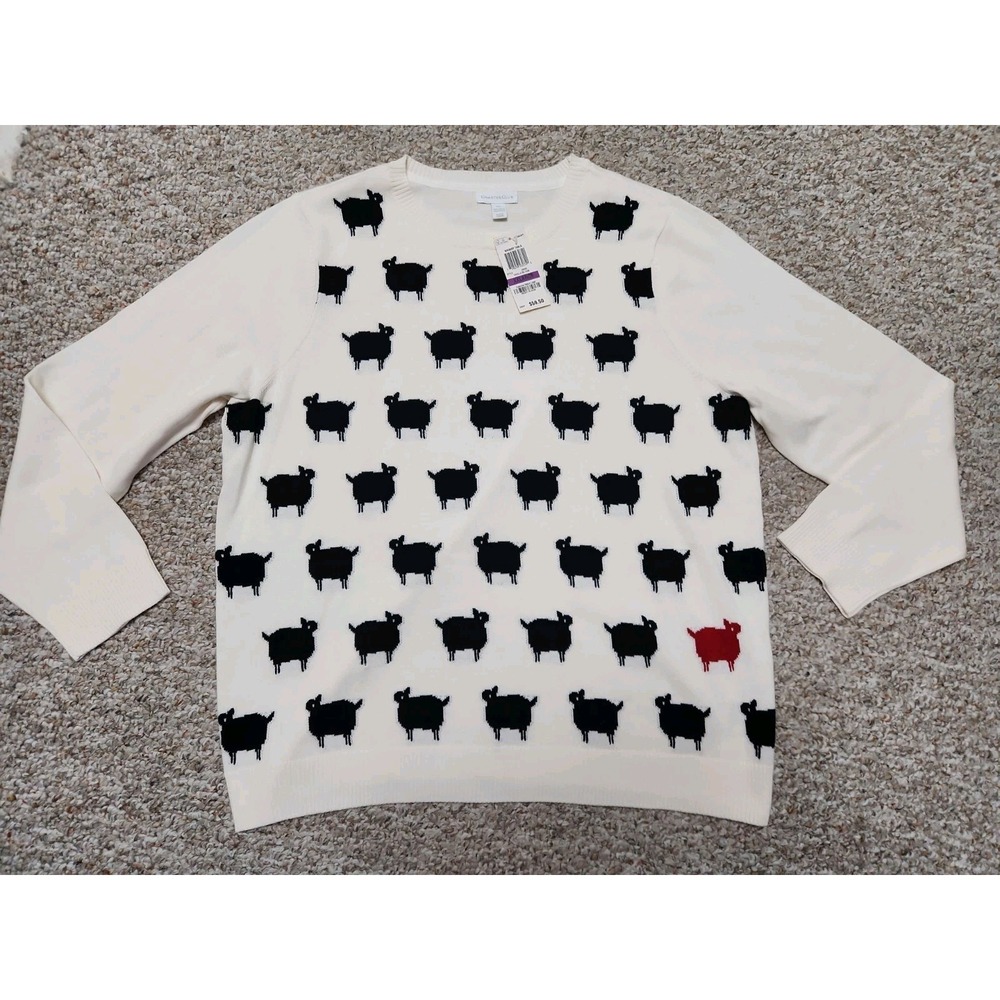 Charter Club Womens XXL Sheep Sweater Crewneck Cream Black Red Novelty NWT